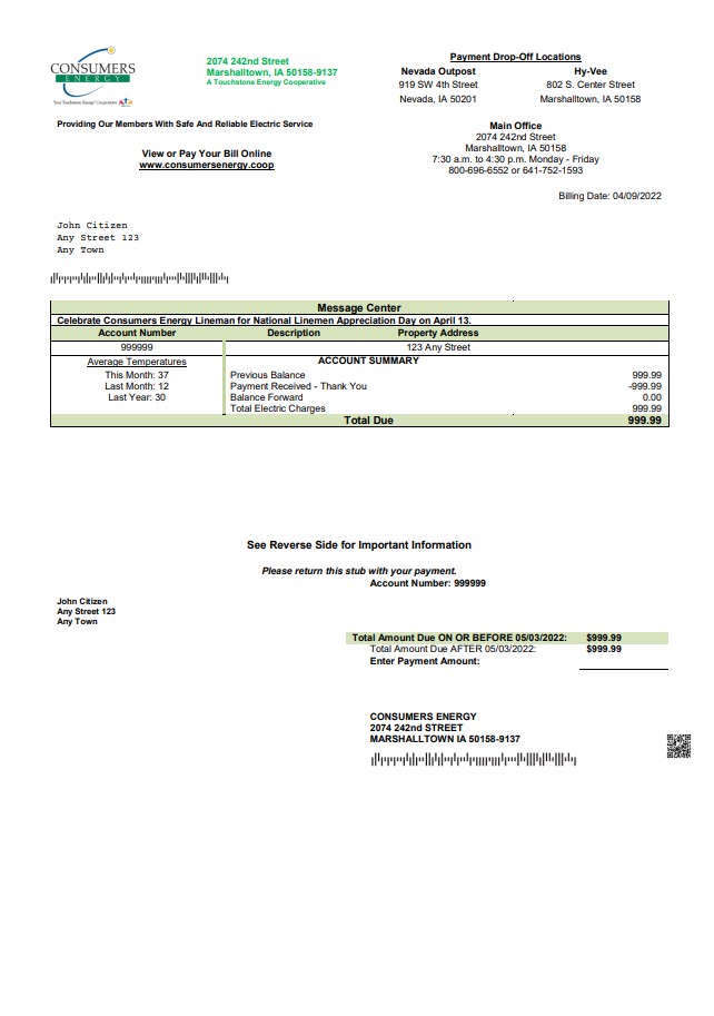 USA Consumers Energy utility bill template in Word and PDF format
